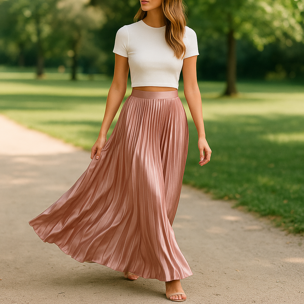 Vrouw draagt een elegante, geplooide maxi-rok in satijnachtige blushkleur met glanzende afwerking – high waist en vloeiende pasvorm, perfect voor lente en zomer.