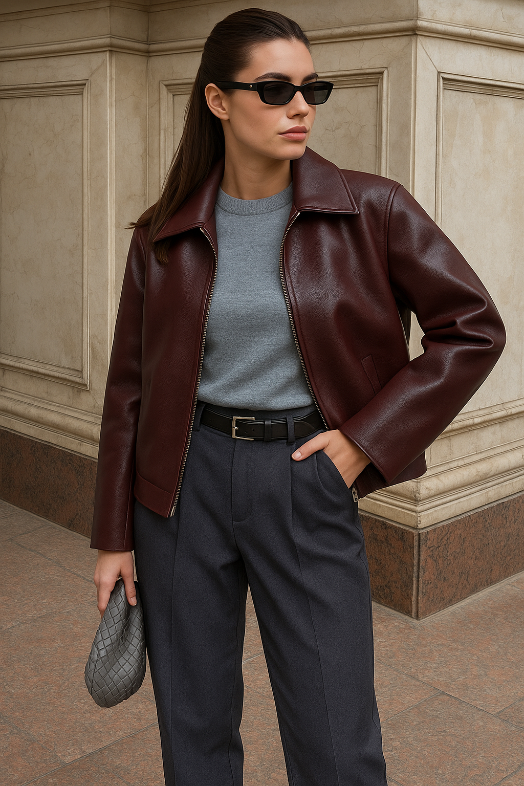 Bordeauxrode oversized damesjas van kunstleer met zilverkleurige rits, gedragen door vrouw op straat, stijlvolle herfst- of winterjas met moderne pasvorm.