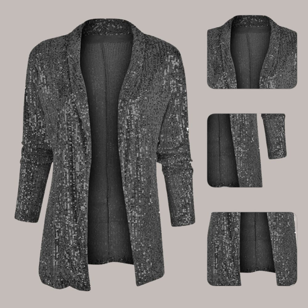 Asenet elegante sequin cardigan met lange mouwen en glanzend open ontwerp voor een luxe uitstraling. Perfect voor feestjes, speciale gelegenheden of om een vleugje glamour aan je dagelijkse look toe te voegen. Gemaakt van zacht polyester voor comfort en bewegingsvrijheid. Verkrijgbaar in zwart, grijs, zilver en champagne, maten S-2XL. Laat je outfit stralen met Asenet en ervaar stijl en elegantie in één. Bestel nu en maak een sprankelende indruk.