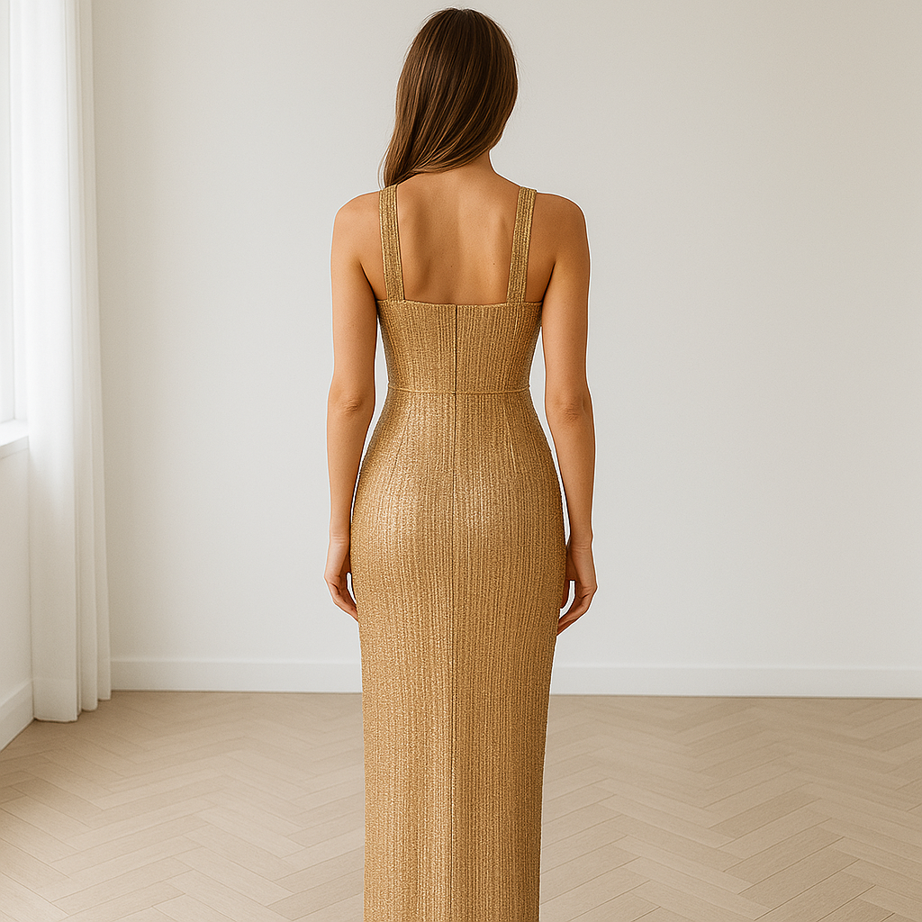 Aurora | Tijdloze gouden jurk met split