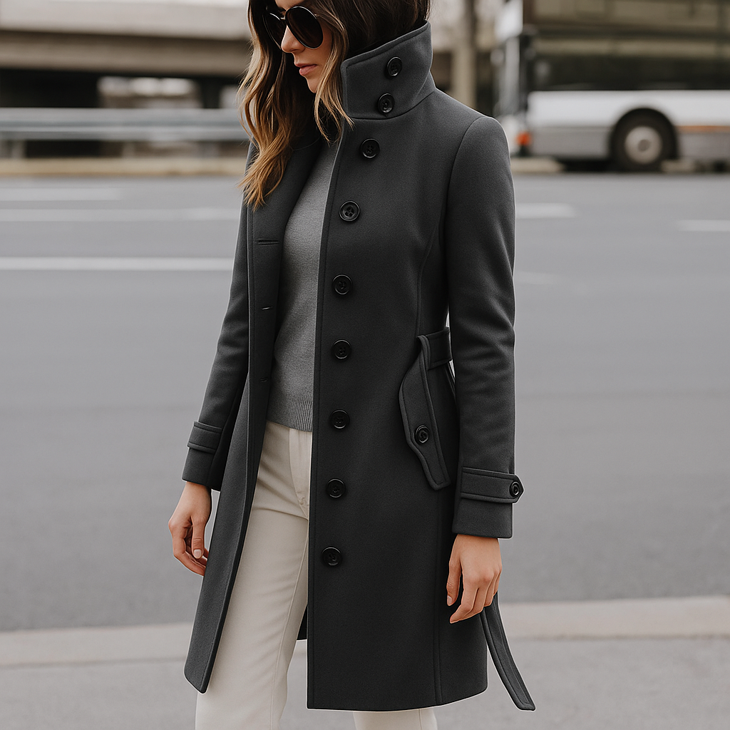 vrouw in stijlvolle lange winterjas met hoge kraag en knoopceintuur, met bijpassend ceintuur voor slanke look