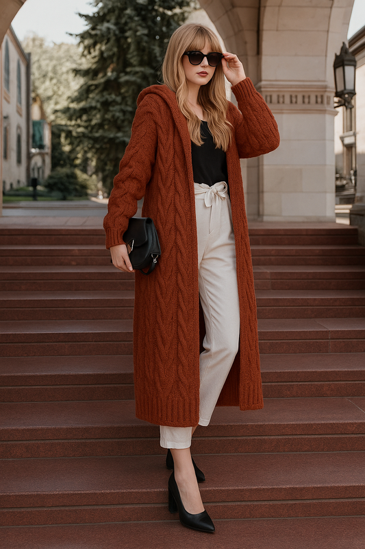 Isole gebreide cardigan: stijlvolle cardigan met lange mouwen, capuchon en een charmant gebreid patroon, perfect voor koelere dagen. Gemaakt van zacht polyester voor comfort en duurzaamheid. Verkrijgbaar in Caramel, Donkergrijs, Geel, Wit en Roze, in maten M t/m 4XL. Combineer warmte en elegantie met de veelzijdige Isole cardigan. Bestel nu en voeg een modieuze en gezellige laag toe aan je garderobe!