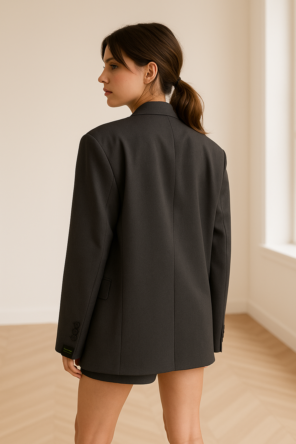 Oversized donkergrijze damesblazer met 'Best Feel' patch op de mouw, gestyled met een witte cropped top en spijkerrokje – trendy streetstyle look voor moderne vrouwen