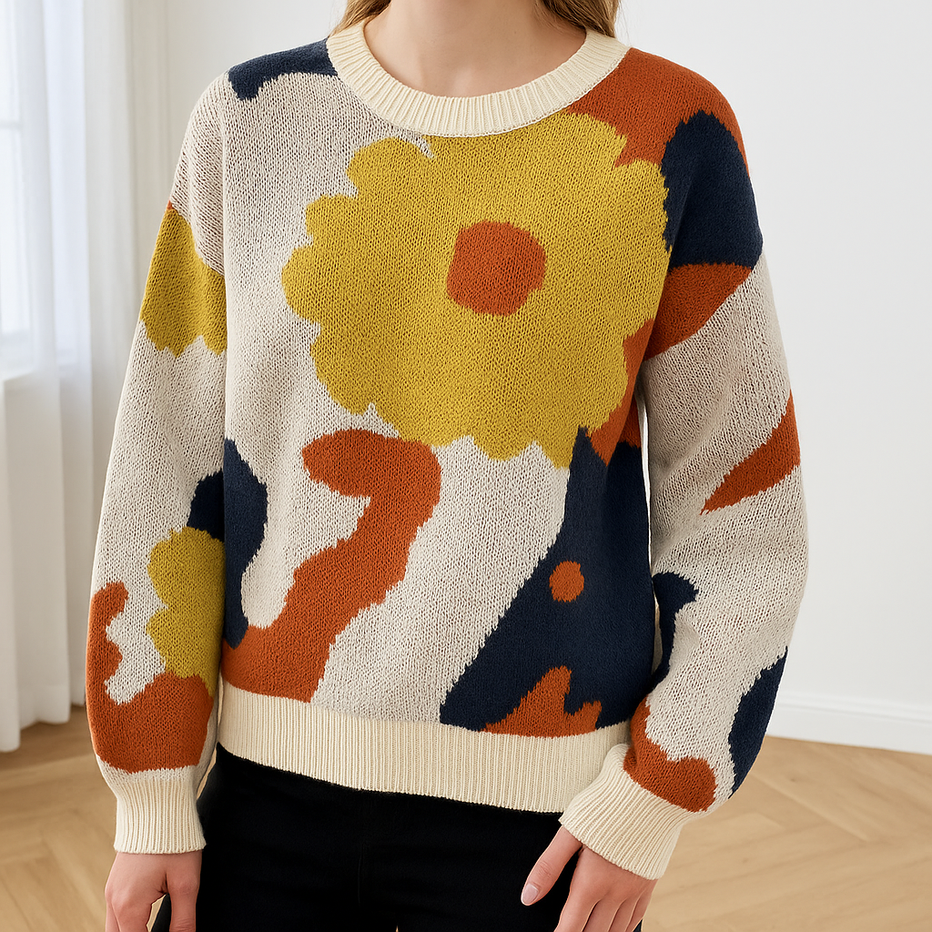 Damestrui met bloemendessin in herfstkleuren geel, oranje en blauw – warme gebreide sweater ideaal voor najaar 2025 fashion trends en herfst outfits.