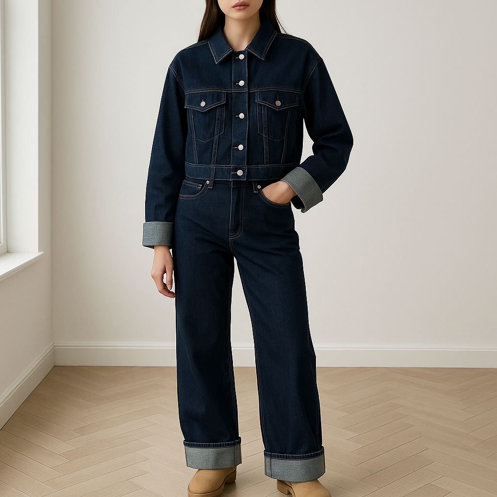 Vrouw draagt een trendy denim set voor dames met wide leg jeans en cropped spijkerjasje, perfect als streetwear co-ord outfit voor dagelijks gebruik of avondje uit – stijlvolle en comfortabele look in premium blauwe denim.