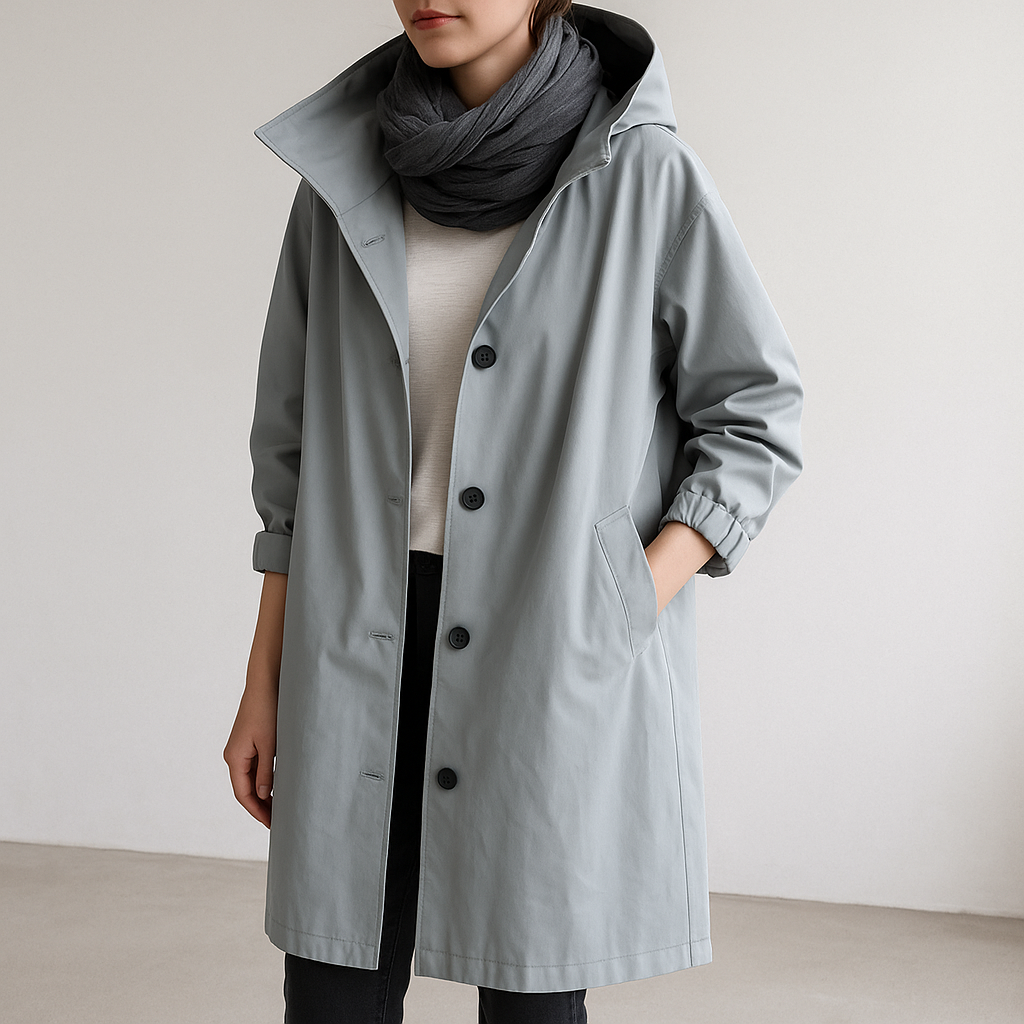 Waterdicht dames windjack met capuchon en knoopsluiting, ontworpen in een moderne, minimalistische stijl met een comfortabele, losse pasvorm. Perfect voor dagelijks gebruik en veelzijdig te combineren met casual en chique outfits.