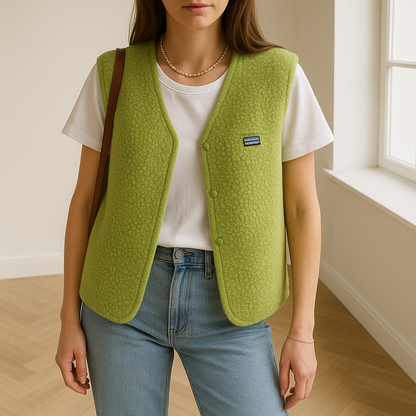 open vest met drukknopen en zakken met wolachtige structuur, perfect voor de zomer, voorjaar of herfst. het luchtige ontwerp word geleverd in groen, beige (wit), blauw en geel