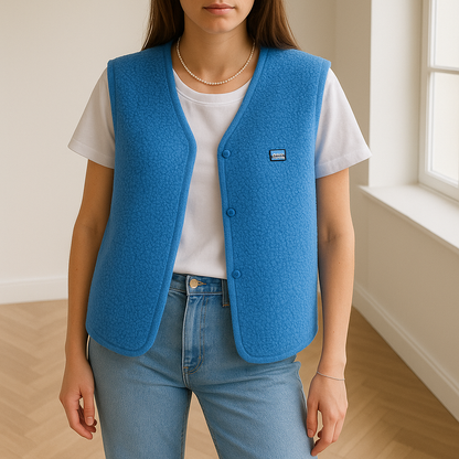 open vest met drukknopen en zakken met wolachtige structuur, perfect voor de zomer, voorjaar of herfst. het luchtige ontwerp word geleverd in groen, beige (wit), blauw en geel