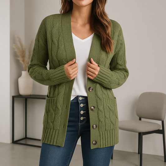 Azalea | Voeg knusse charme en veelzijdigheid toe aan je garderobe met de Azalea cardigan. Deze klassieke gebreide cardigan biedt lichtgewicht warmte, een comfortabele pasvorm en stijlvolle kleuropties zoals grijs, beige, blauw en legergroen. Perfect voor layering op relaxte dagen, casual bijeenkomsten of boodschappen. Verkrijgbaar in maten S-2XL. Combineer comfort en tijdloze stijl met de Azalea. Bestel nu en geniet van dagelijks gemak en een stijlvolle look!