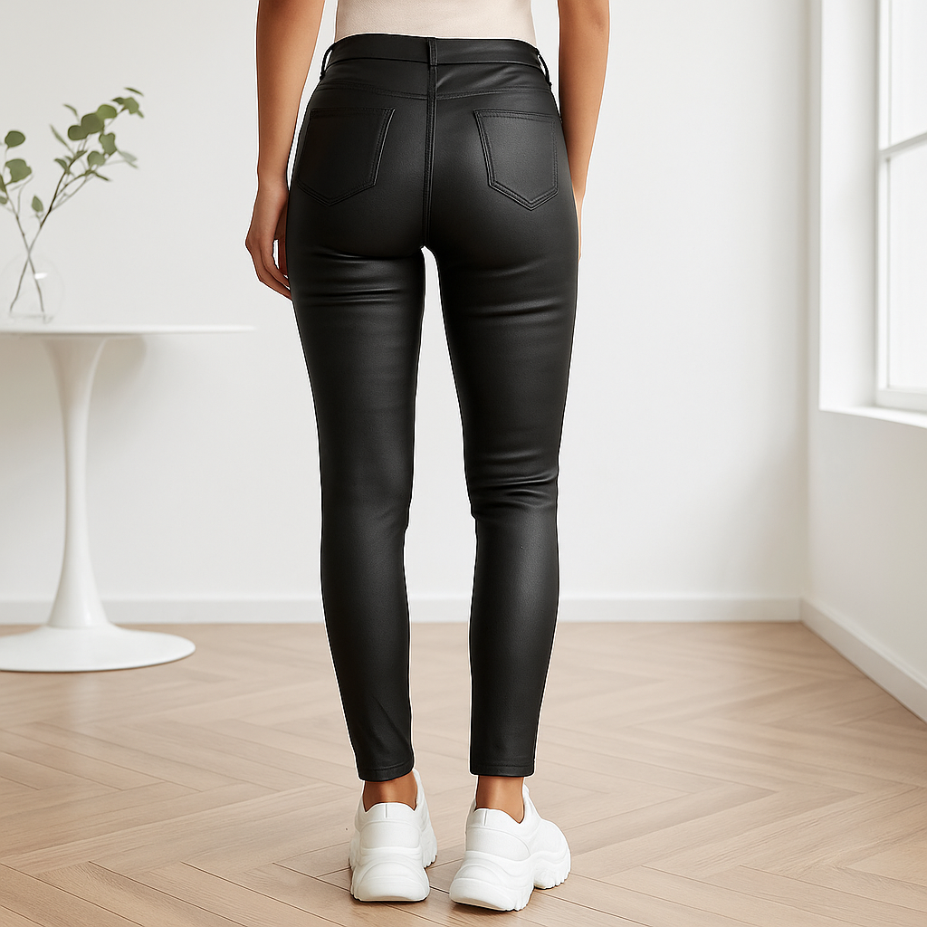 vrouw in rekbare broek van leer achtige stof met hoge taille en flatterende skinny fit 