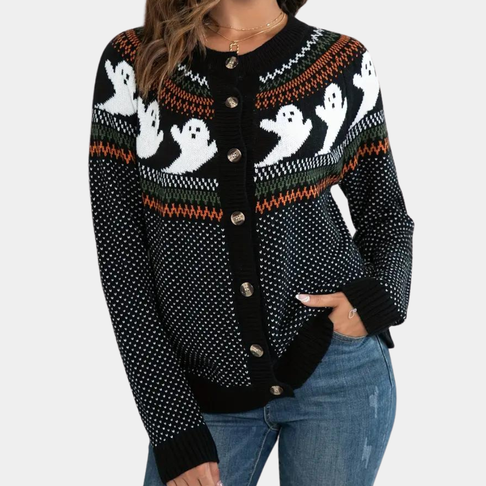 Cisca cardigan met Halloween-motieven, zachte en warme knit met open pasvorm. Perfecte herfsttrui voor casual looks en feestelijke gelegenheden.