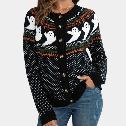 Cisca cardigan met Halloween-motieven, zachte en warme knit met open pasvorm. Perfecte herfsttrui voor casual looks en feestelijke gelegenheden.
