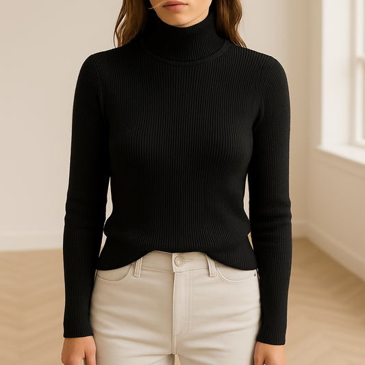 Zwarte ribgebreide coltrui voor dames – zachte, aansluitende basic trui met lange mouwen en hoge kraag, perfect voor herfst en winter en voorjaar