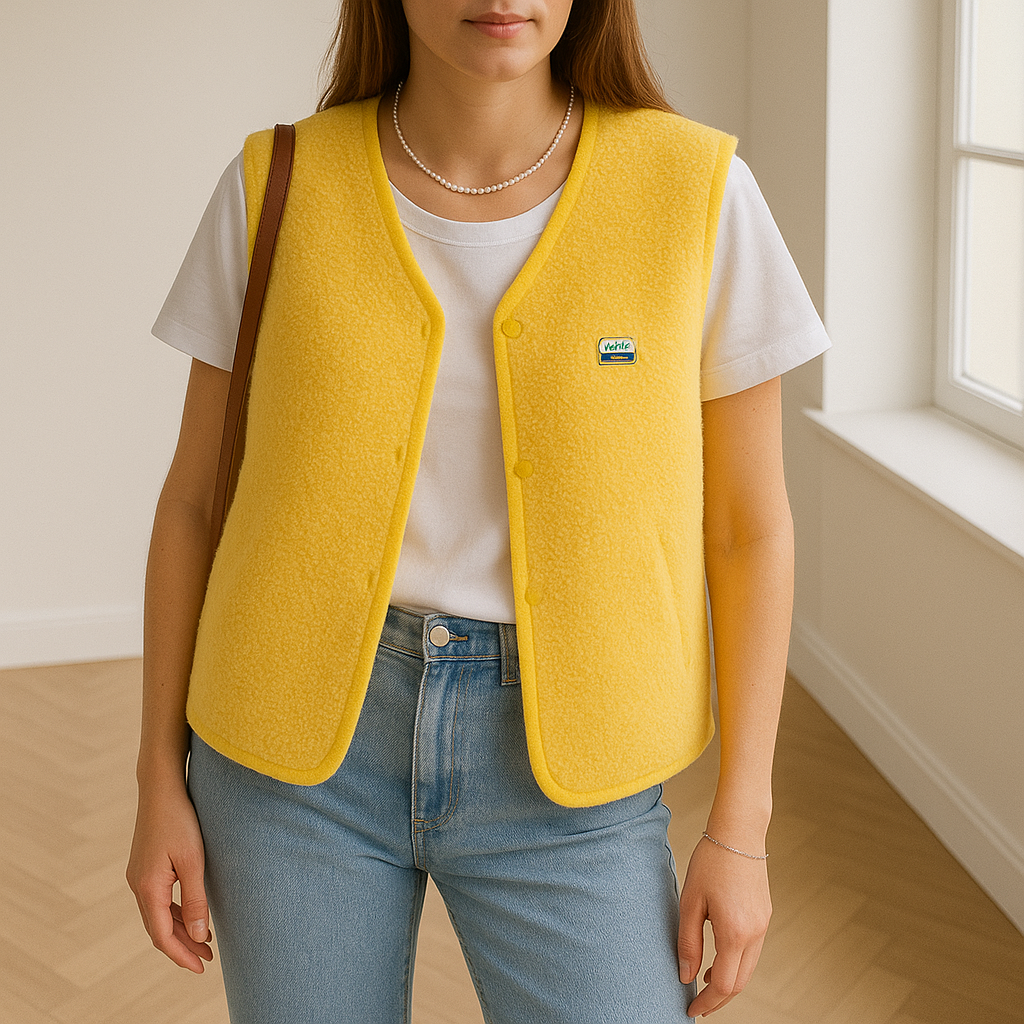 open vest met drukknopen en zakken met wolachtige structuur, perfect voor de zomer, voorjaar of herfst. het luchtige ontwerp word geleverd in groen, beige (wit), blauw en geel