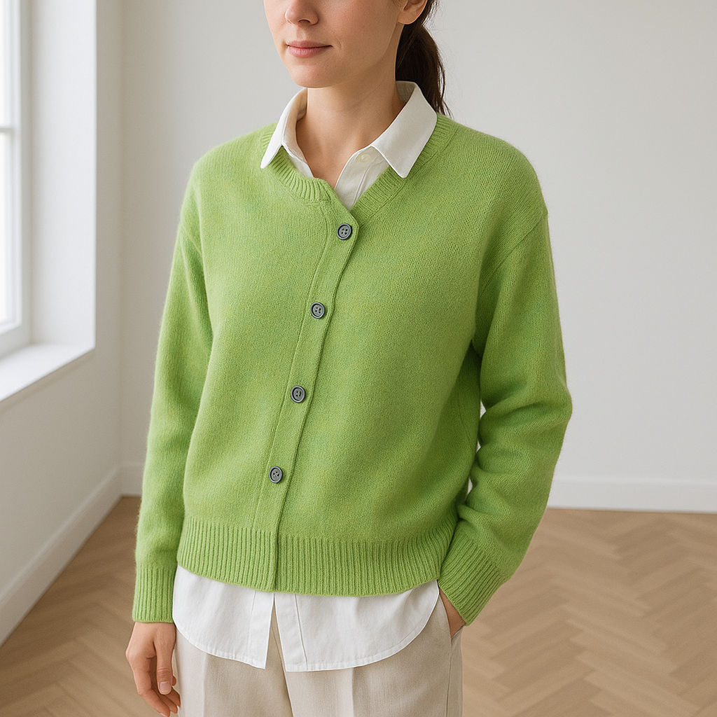 vrouw in comfortabel kasjmier vest Norah met assymmetrische knoopsluiting en oversized fit. 